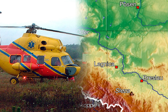 Eine Maschine der LPR ist im Südwesten Polens verunglückt; hier links Archivfoto einer Mi-2 der LPR, rechts ein Kartenausschnitt
