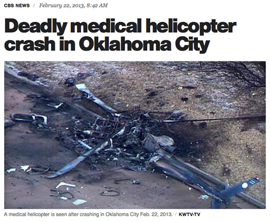 Der Absturz erfolgte inmitten eines Wohn- und Gewerbegebiets in Oklahoma City, die Überreste der AS350 sind deutlich zu erkennen