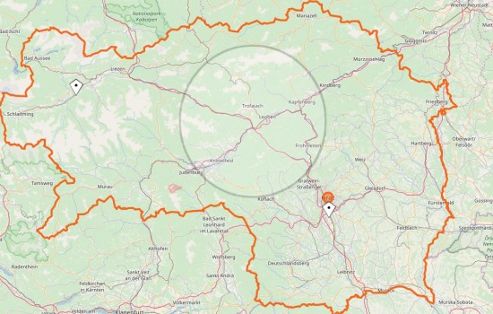 Die Stationierung ist in der geographischen Mitte der Steiermark - wie St. Michael - geplant, die weißen Markierer zeigen die bereits vorhandenen NAH.