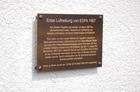 &ldquo;Erste Luftrettung von EDFA 1967&ldquo; &ndash; gewidmet dem Arzt Hans-Werner Feder und dem Piloten Franz Hartmannsberger (†)