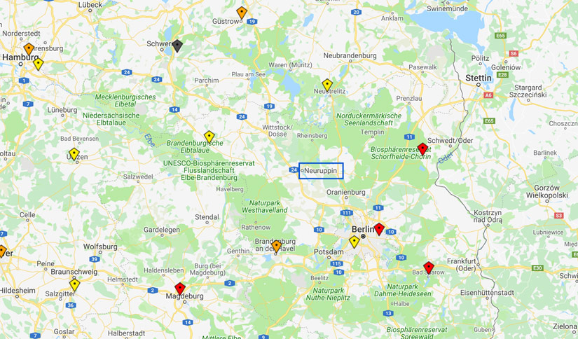Karte der umliegenden Rettungshubschrauber-Stationen, Neuruppin ist markiert