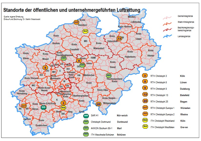 Standorte der öffentlichen und unternehmergeführten Luftrettung in NRW