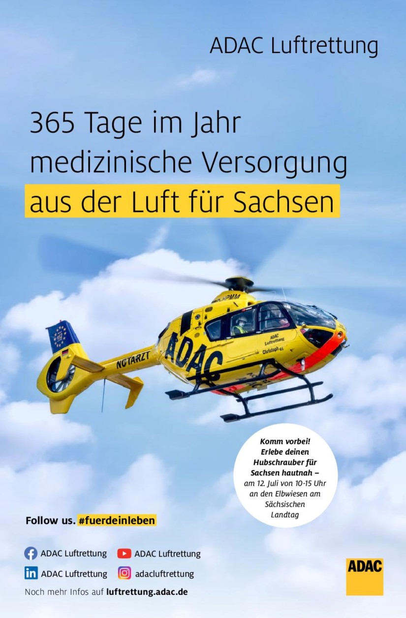 Auf den Elbwiesen wird am 12. Juli 2022 von 10 bis 15 Uhr ein Rettungshubschrauber der ADAC Luftrettung präsentiert