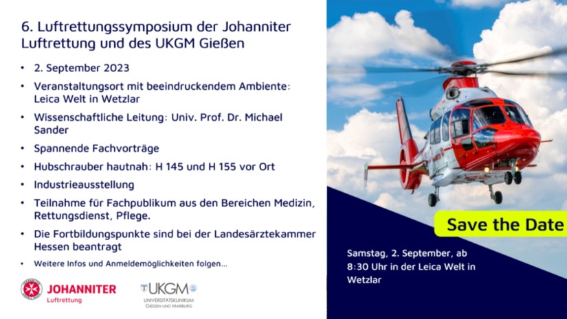 Das 6. Luftrettungssymposium von Johanniter Luftrettung und UKGM findet am 2. September 2023 in der Leica-Welt in Wetzlar statt