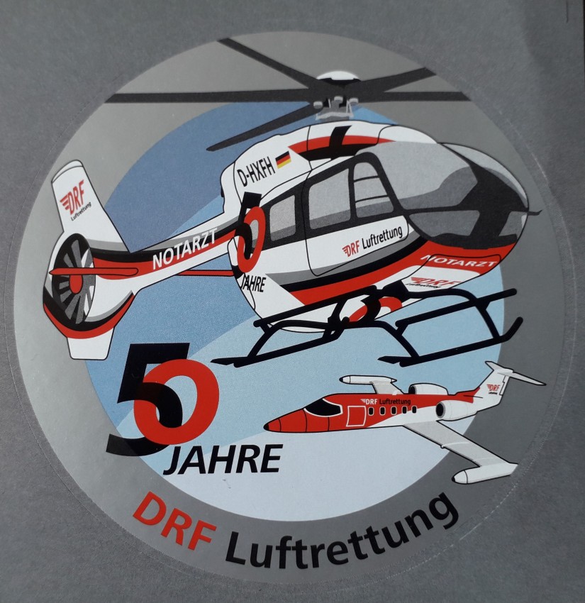 Jubiläumsaufkleber &ldquo;50 Jahre DRF Luftrettung&ldquo; mit Jubiläumshubschrauber und Learjet