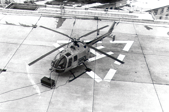 „Christoph 25“ im Februar 1982 einsatzbereit auf dem Dach des Siegener Jung-Stlling Krankenhauses